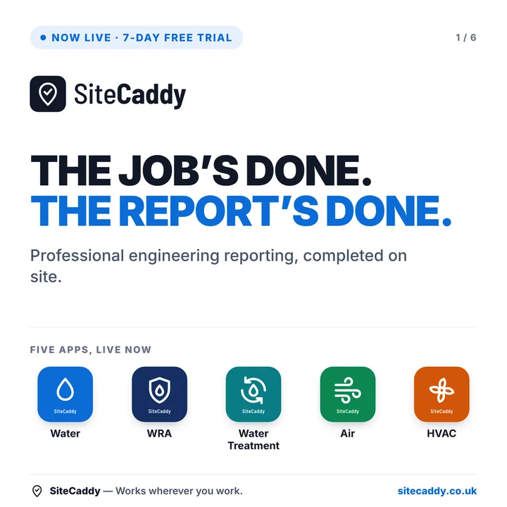 Slide 1 of 6. Now live, 7-day free trial. The job's done. The report's done. Professional engineering reporting, completed on site. Five apps, live now: Water, WRA, Water Treatment, Air and HVAC.
